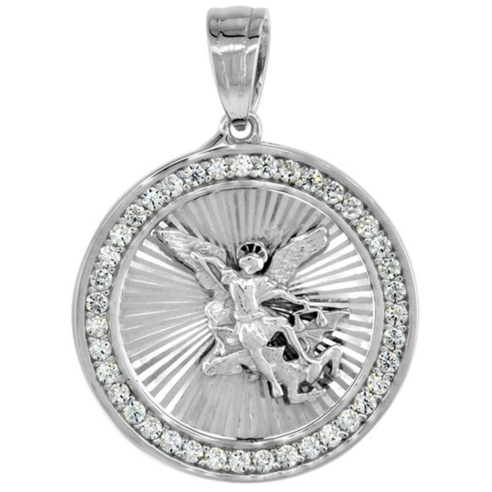 Sterling Silver Saint Michael Medal Pendant CZ Diamond cut Rhodium Finish 16mm